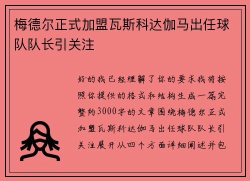 梅德尔正式加盟瓦斯科达伽马出任球队队长引关注